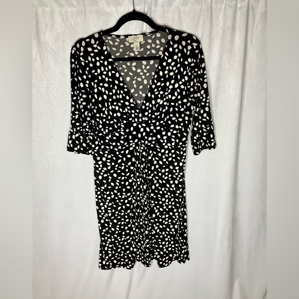 LOFT Ann Taylor Dress Size 10 Petite Black White Dots